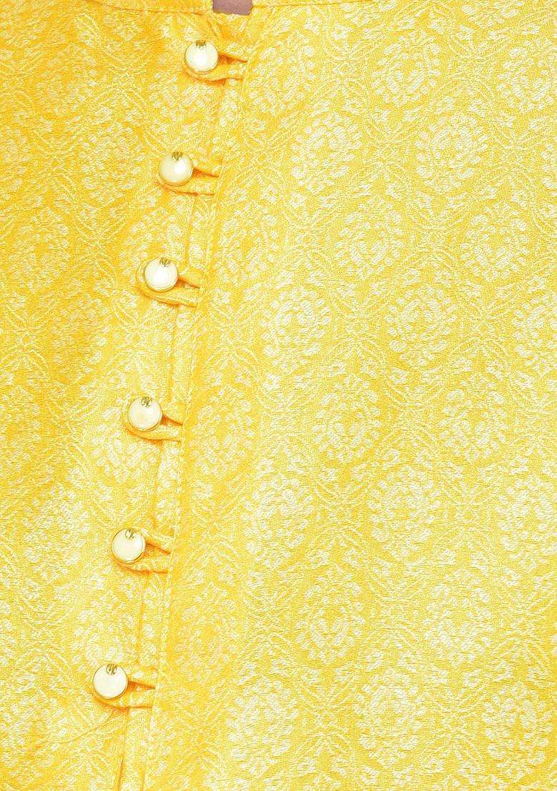 Yellow Woven Design Silk Blend Kurta Set For Men - Indya