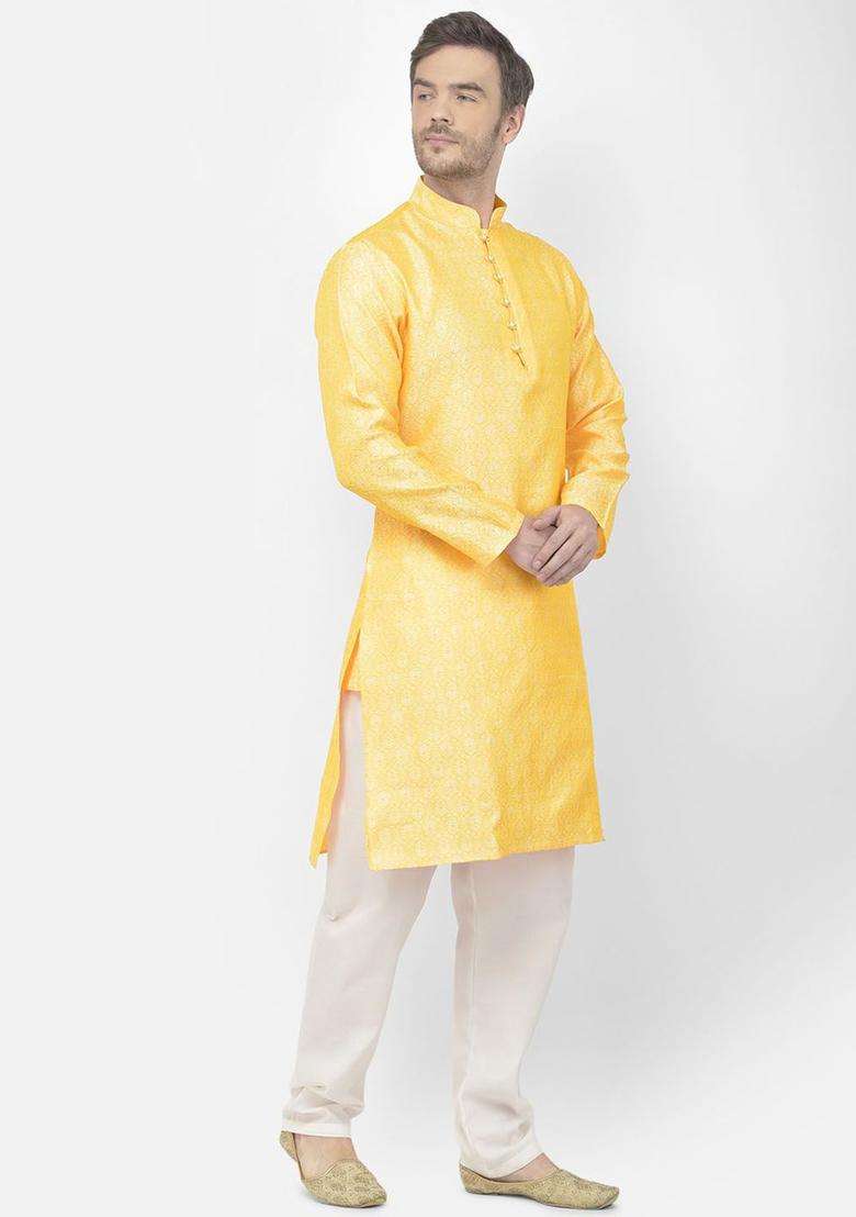 Yellow Woven Design Silk Blend Kurta Set For Men - Indya