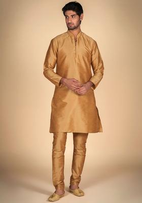 Beige Solid Silk Kurta Set For Men