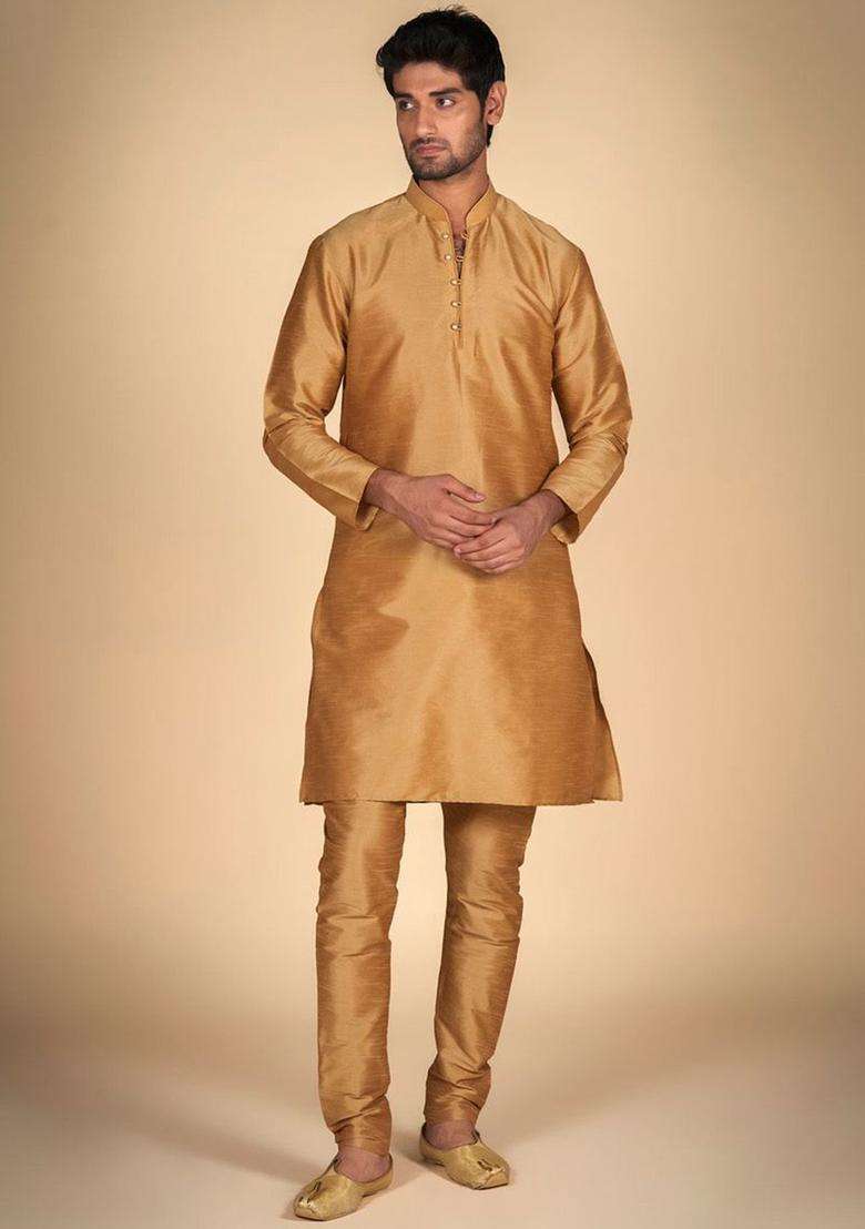 Beige Solid Silk Blend Kurta Set For Men - Indya