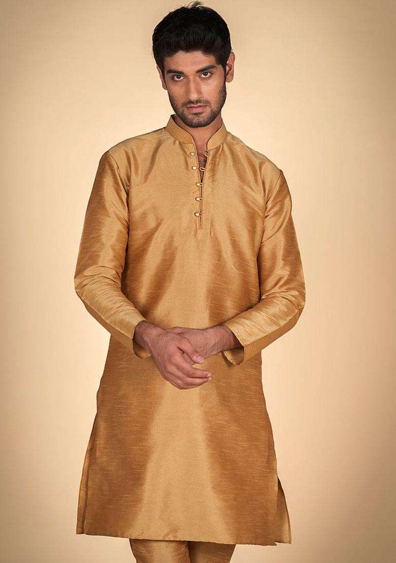 Beige Solid Silk Blend Kurta Set For Men - Indya