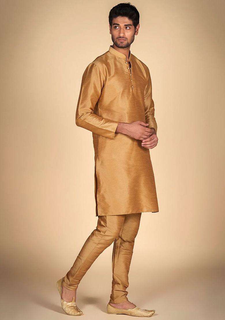 Beige Solid Silk Blend Kurta Set For Men - Indya