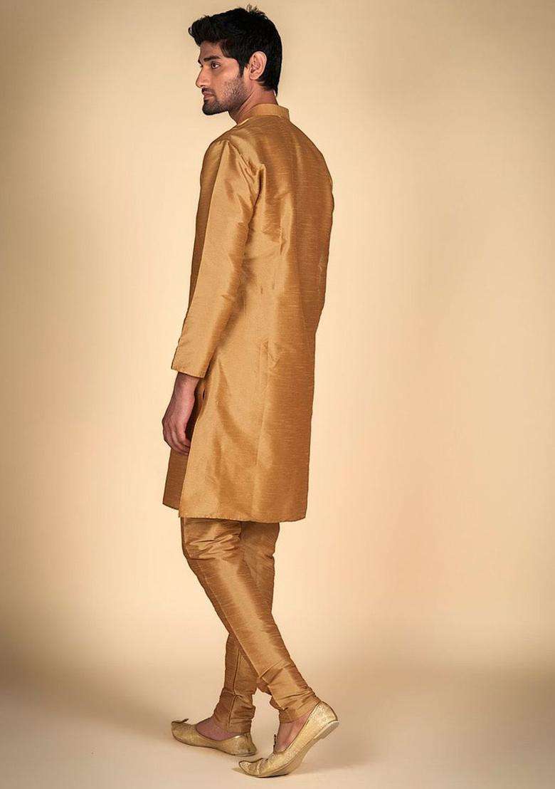 Beige Solid Silk Blend Kurta Set For Men - Indya