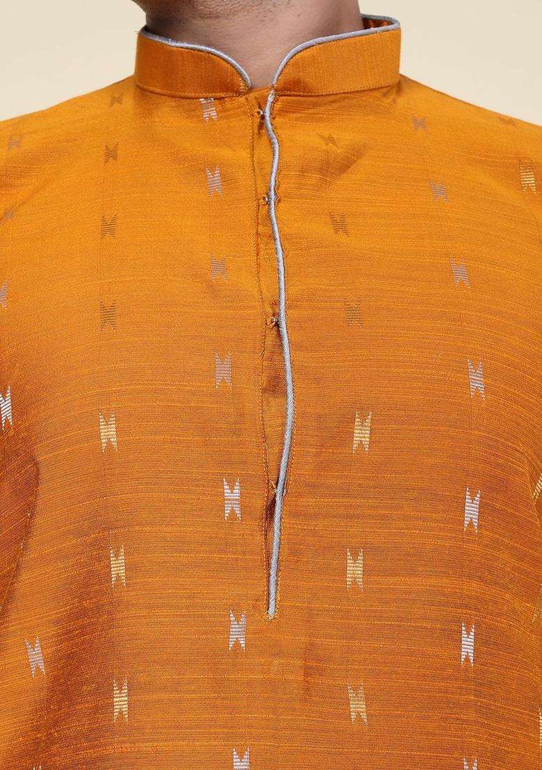 Rust Woven Design Silk Kurta Set For Men - Indya