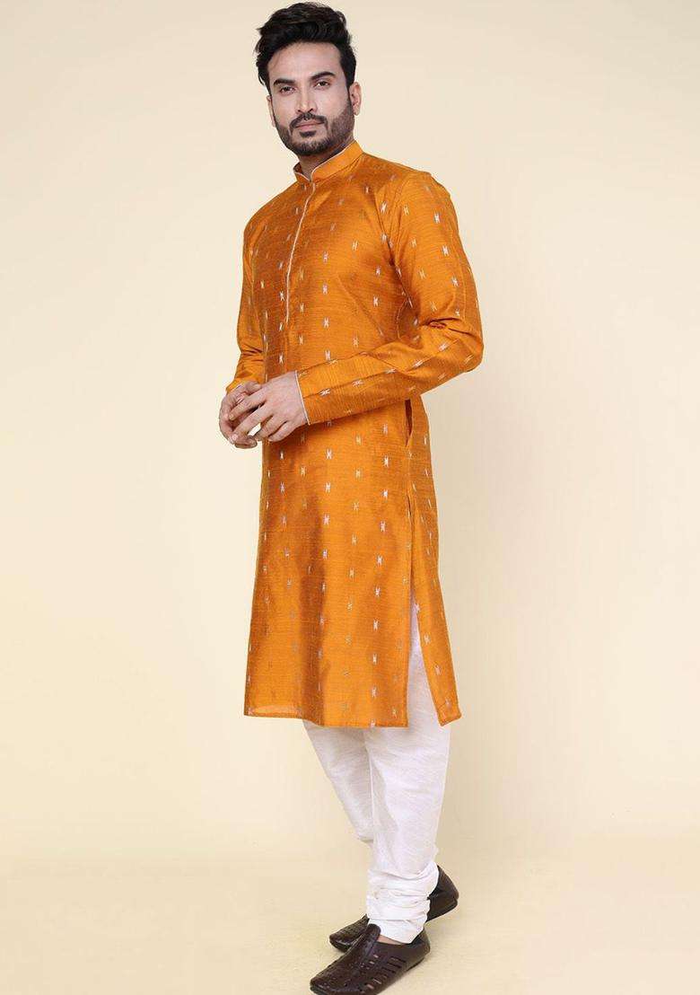 Rust Woven Design Silk Kurta Set For Men - Indya