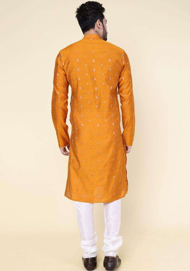 Rust Woven Design Silk Kurta Set For Men - Indya