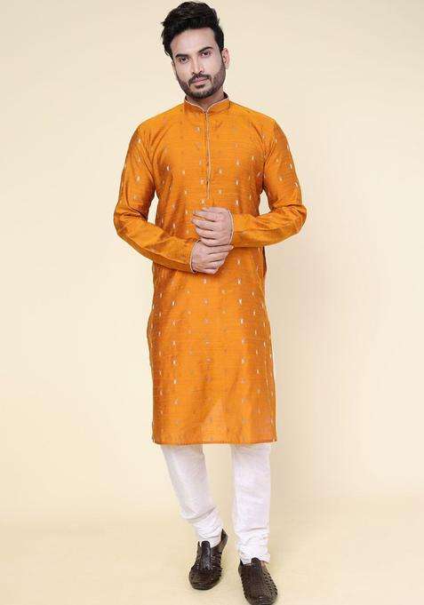 Rust Woven Design Silk Kurta Set For Men