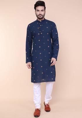 Navy Blue Embroidered Silk Kurta Set For Men