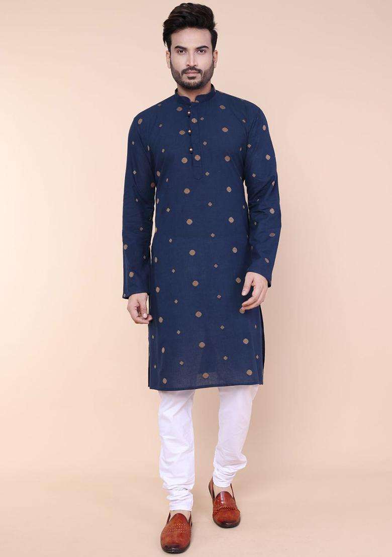 Navy Blue Embroidered Silk Blend Kurta Set For Men - Indya
