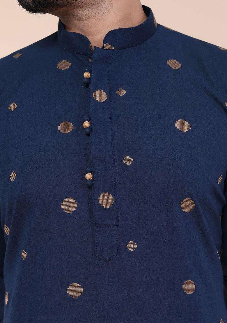 Navy Blue Embroidered Silk Blend Kurta Set For Men - Indya