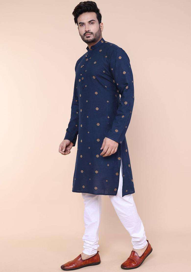 Navy Blue Embroidered Silk Blend Kurta Set For Men - Indya