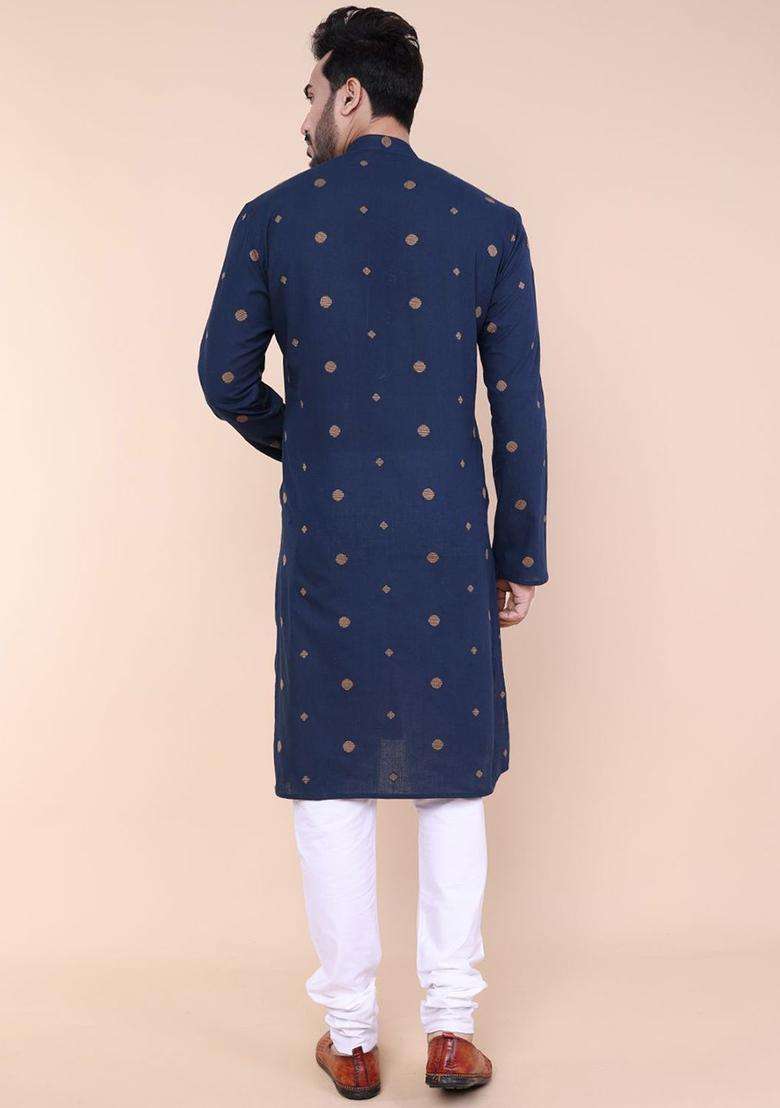 Navy Blue Embroidered Silk Blend Kurta Set For Men - Indya