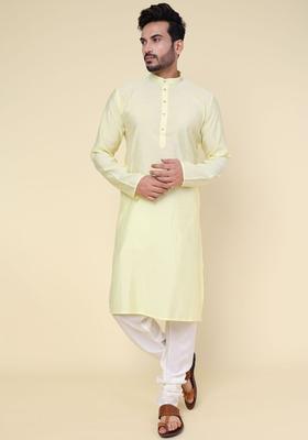 Yellow Solid Silk Kurta Set For Men