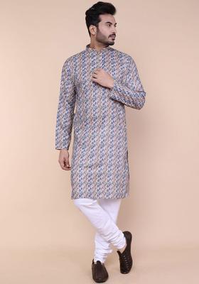 Blue Printed Silk Kurta Set For Men