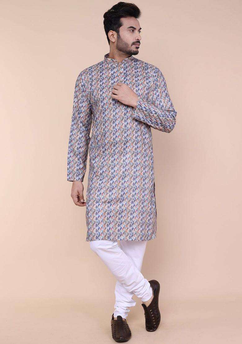 Blue Printed Silk Blend Kurta Set For Men - Indya