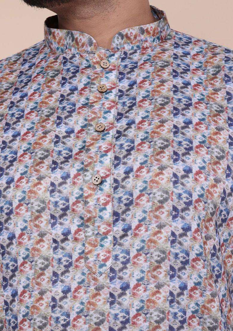 Blue Printed Silk Blend Kurta Set For Men - Indya