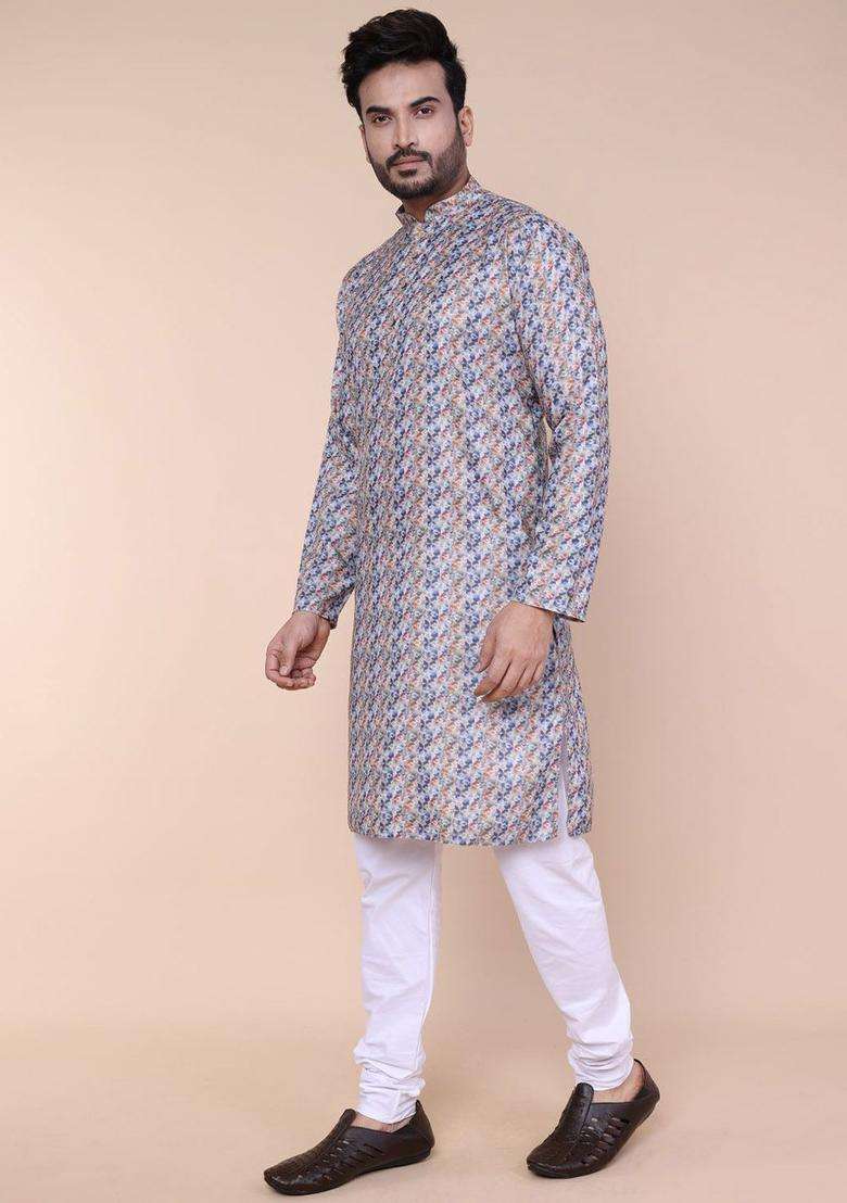 Blue Printed Silk Blend Kurta Set For Men - Indya