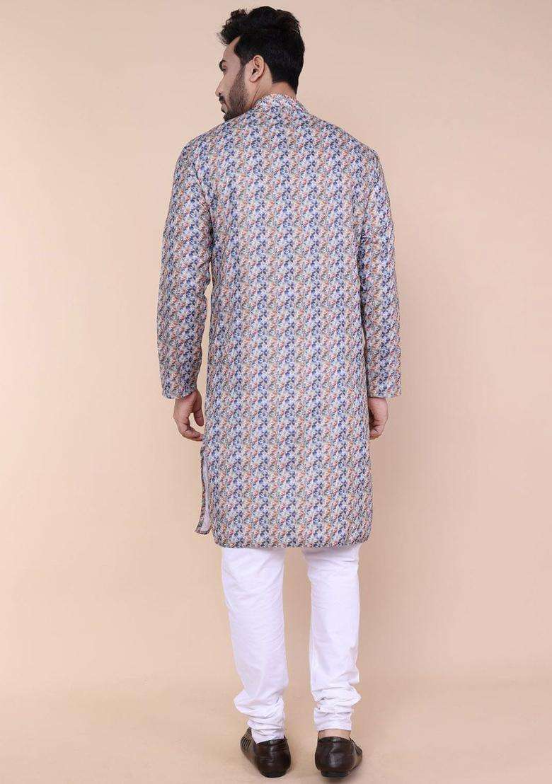 Blue Printed Silk Blend Kurta Set For Men - Indya