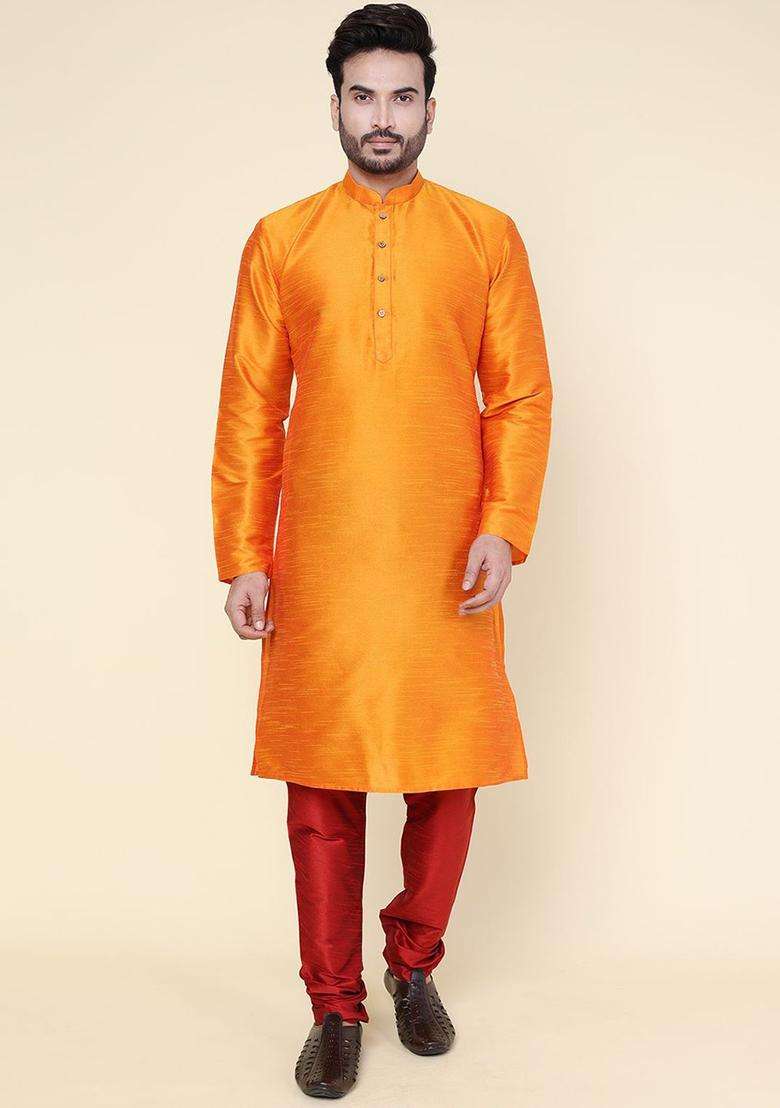 Orange Solid Silk Blend Kurta Set For Men - Indya