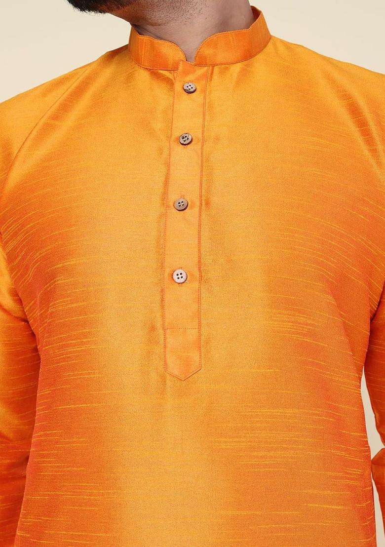 Orange Solid Silk Blend Kurta Set For Men - Indya