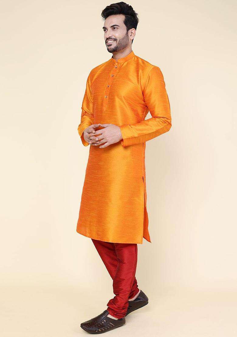Orange Solid Silk Blend Kurta Set For Men - Indya