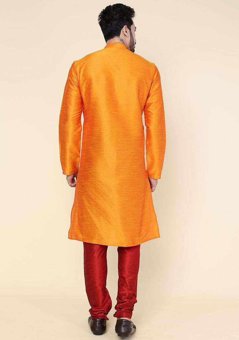 Orange Solid Silk Blend Kurta Set For Men - Indya