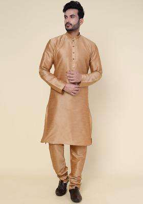 Rose Gold Solid Silk Kurta Set For Men