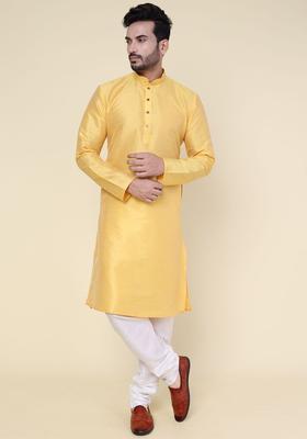 Yellow Solid Silk Kurta Set For Men