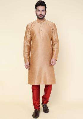 Rose Gold Solid Silk Kurta Set For Men