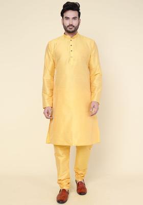 Yellow Solid Silk Kurta Set For Men