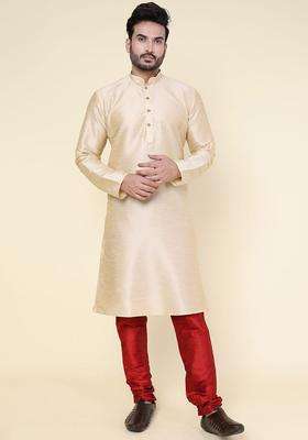 Gold Solid Silk Kurta Set For Men