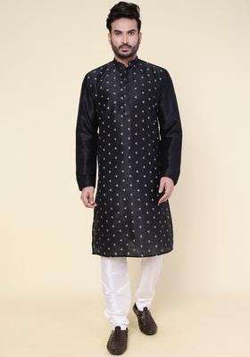 Black Printed Silk Kurta Set For Men