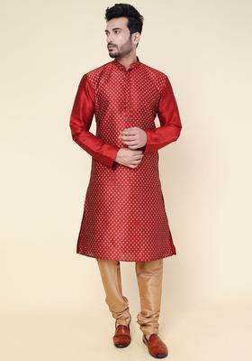 Maroon Printed Silk Kurta Set For Men