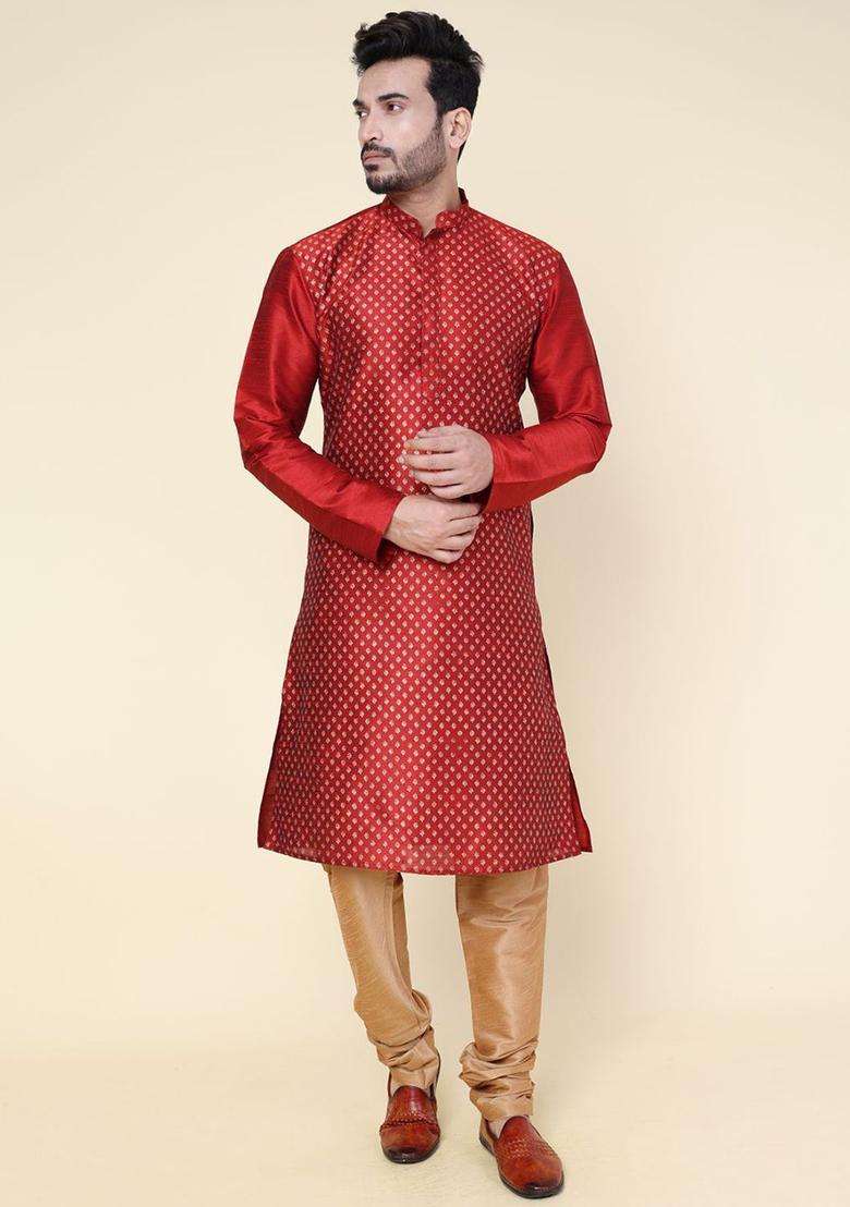 Maroon Printed Silk Blend Kurta Set For Men - Indya