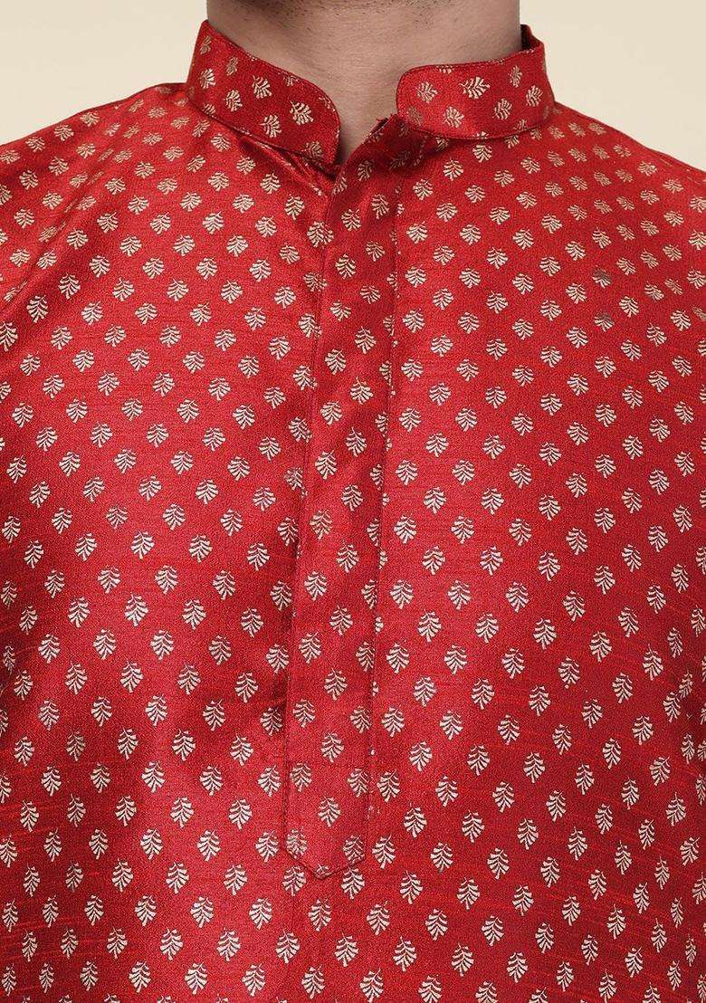 Maroon Printed Silk Blend Kurta Set For Men - Indya