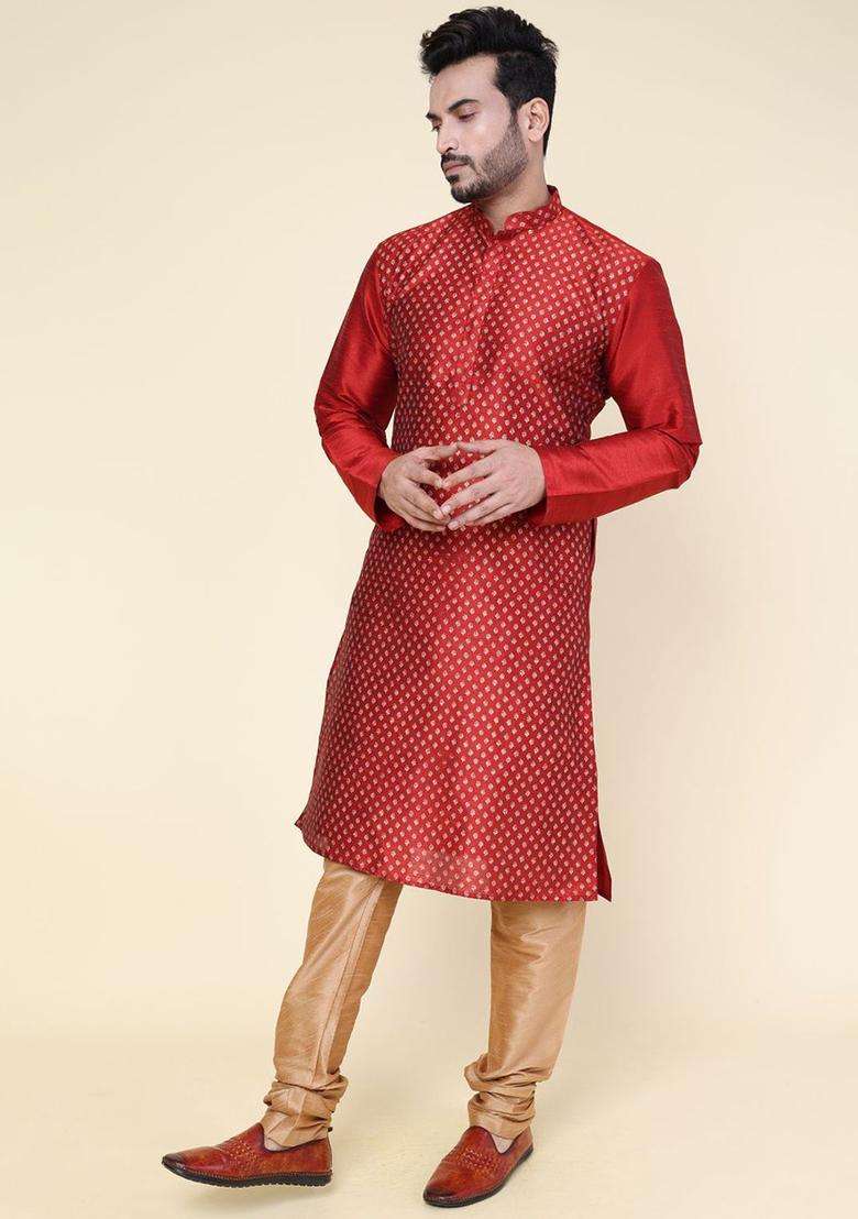 Maroon Printed Silk Blend Kurta Set For Men - Indya