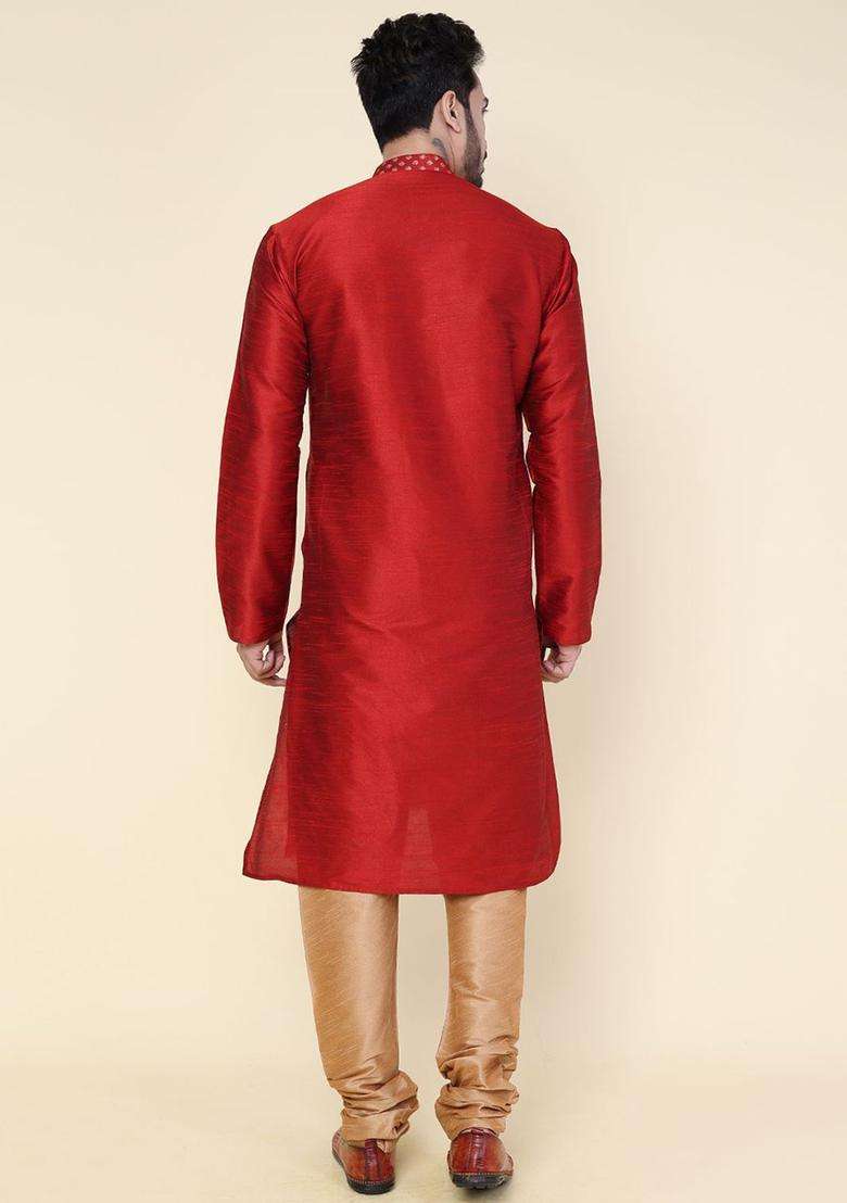 Maroon Printed Silk Blend Kurta Set For Men - Indya