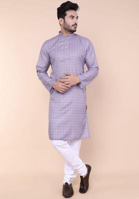 Purple Printed Silk Kurta Set For Men