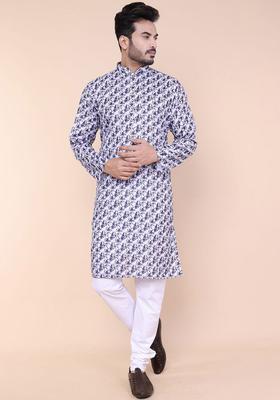 White Printed Silk Kurta Set For Men
