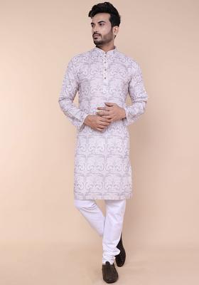 White Printed Silk Kurta Set For Men