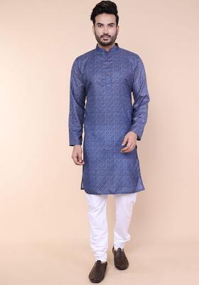 Blue Printed Silk Kurta Set For Men