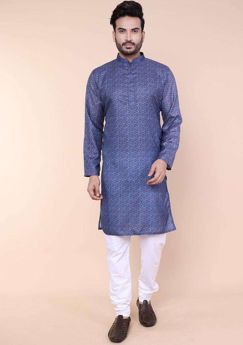 Blue Printed Silk Blend Kurta Set For Men - Indya