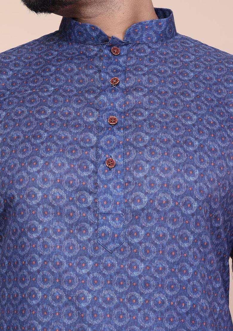 Blue Printed Silk Blend Kurta Set For Men - Indya
