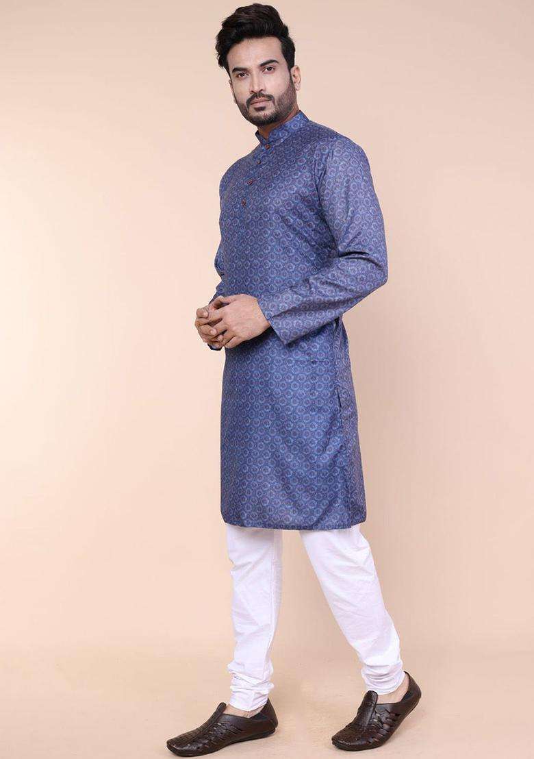 Blue Printed Silk Blend Kurta Set For Men - Indya