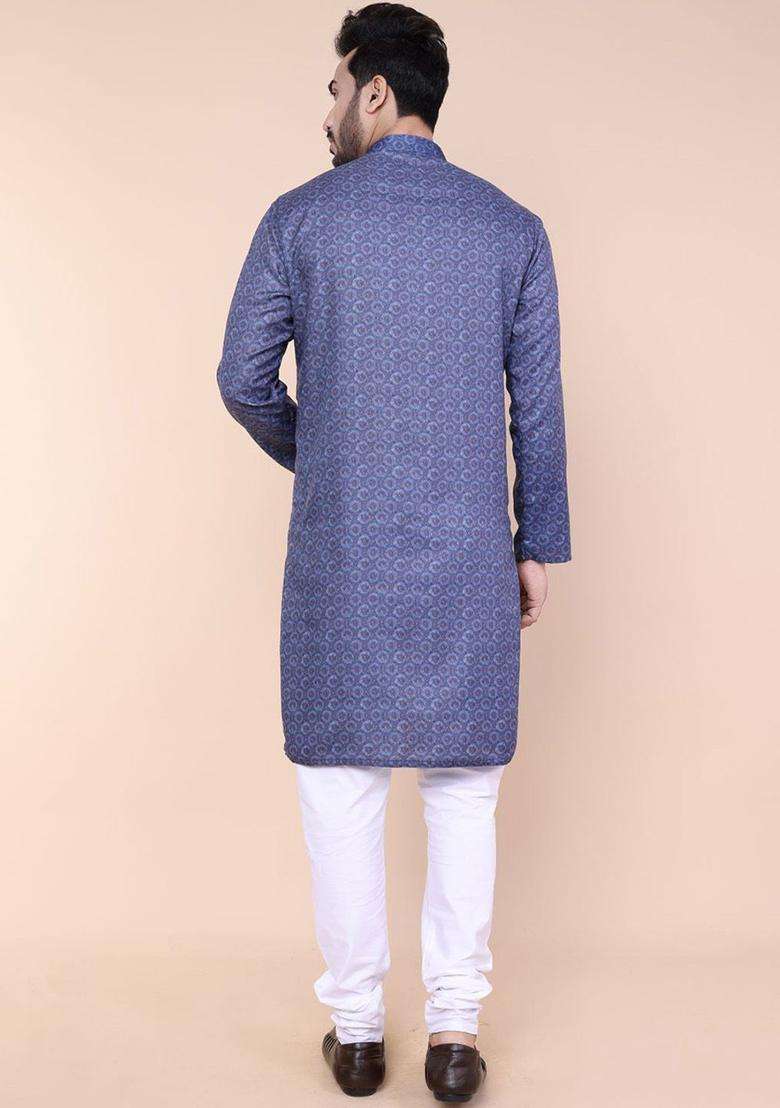 Blue Printed Silk Blend Kurta Set For Men - Indya