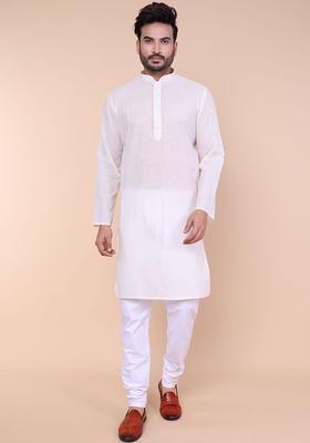 Cream Solid Cotton Kurta Set For Men
