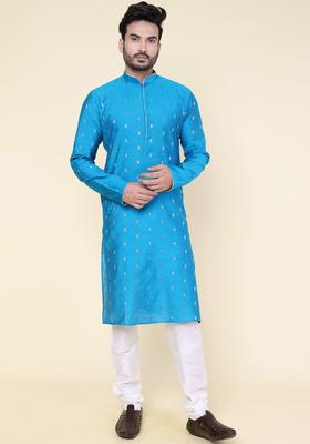 Blue Woven Design Silk Kurta Set For Men