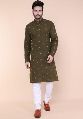 Green Embroidered Silk Kurta Set For Men