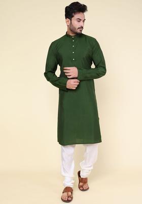 Green Solid Silk Kurta Set For Men