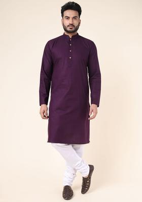 Purple Solid Cotton Kurta Set For Men